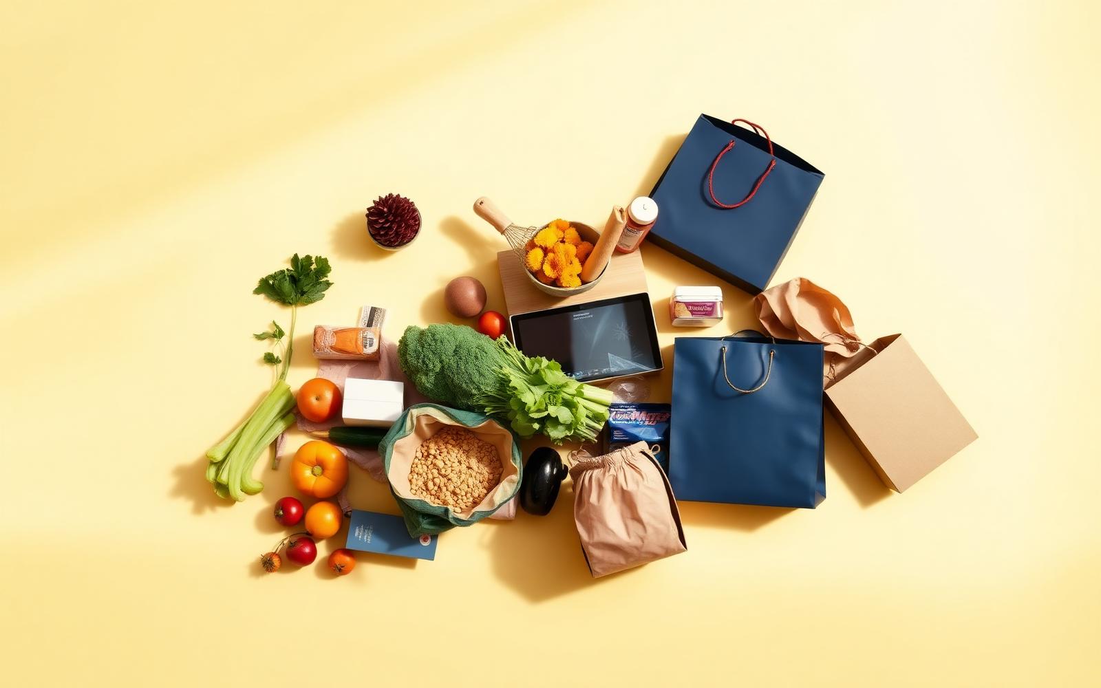 Groceries, electronics and shopping bags ready for delivery